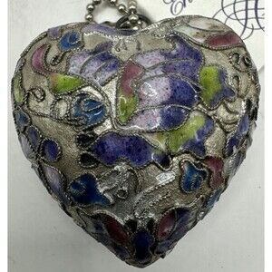 Victorian Enamel Cloisonné Heart Ornament, Hand Made Floral Design, Vintage NYCO